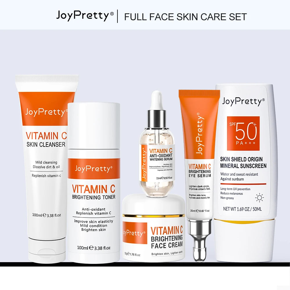 Vitamin C Skincare Set Dark Spots Lightening SPF 50 Whitening Sunscreen Cleanser Serum Cream Dark Circle Skin Care JoyPretty